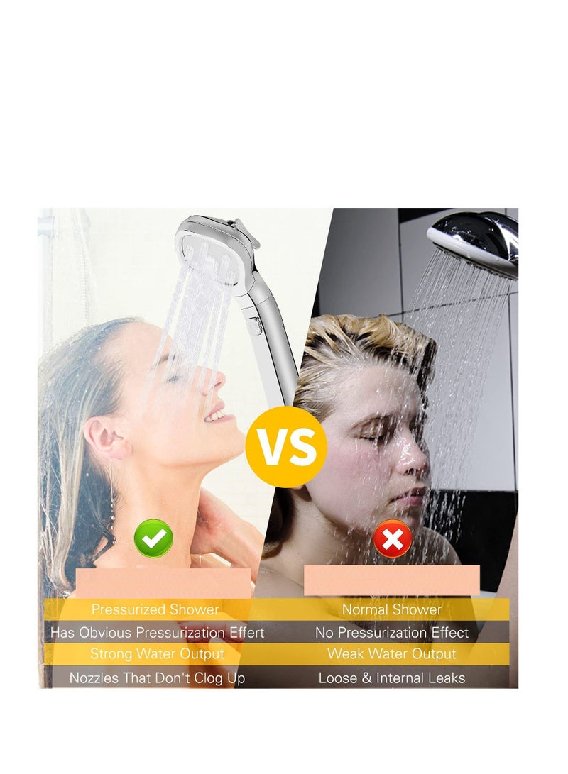 Shower Head, Universal High Pressure Heads, Stainless Steel Chrome Finish Bath Showerhead with 4 Spray Modes, Double Boost Water Saving Handheld 1.5m Hose Silver - Image 4
